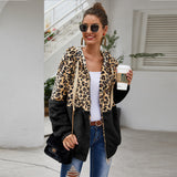 Women Sherpa Jacket Leopard Splicing Winter Coat Top