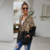 Women Sherpa Jacket Leopard Splicing Winter Coat Top