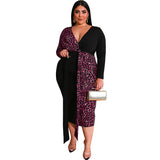 Women Plus Size Midi Dresses Leopard Print Multicolor Printing Deep Vbodycon Tight Dress with Belt