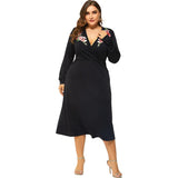 Women Plus Size Maxi Dresses Sexy Embroidery Long Sleeve V-neck Swing Dress