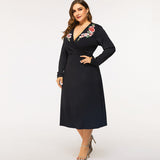 Women Plus Size Maxi Dresses Sexy Embroidery Long Sleeve V-neck Swing Dress