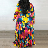 Women Plus Size Maxi Dresses Printed Waist-Controlled Sexy V-neck Large Swing Dress Belted