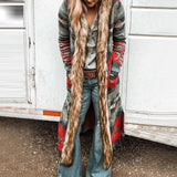 Beth Dutton Outfits Winter Long Fur Collar Coat Long Sleeve Printed Long Trench Coat for Women
