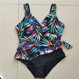 Women Plus Size Swimwear One-Pieces One-Piece Swimsuit Leaves Multicolor Printing Bikini