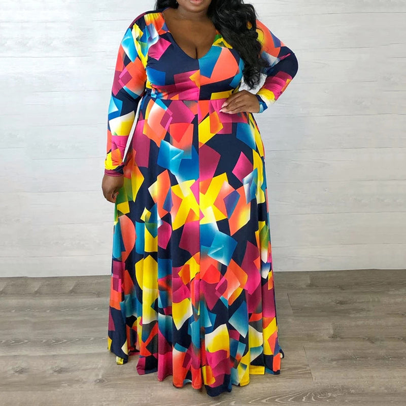 Women Plus Size Maxi Dresses Printed Waist-Controlled Sexy V-neck Large Swing Dress Belted