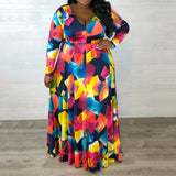 Women Plus Size Maxi Dresses Printed Waist-Controlled Sexy V-neck Large Swing Dress Belted