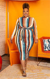 Women Plus Size Midi Dresses Color Striped Printed Bow Tie One-Step Dress