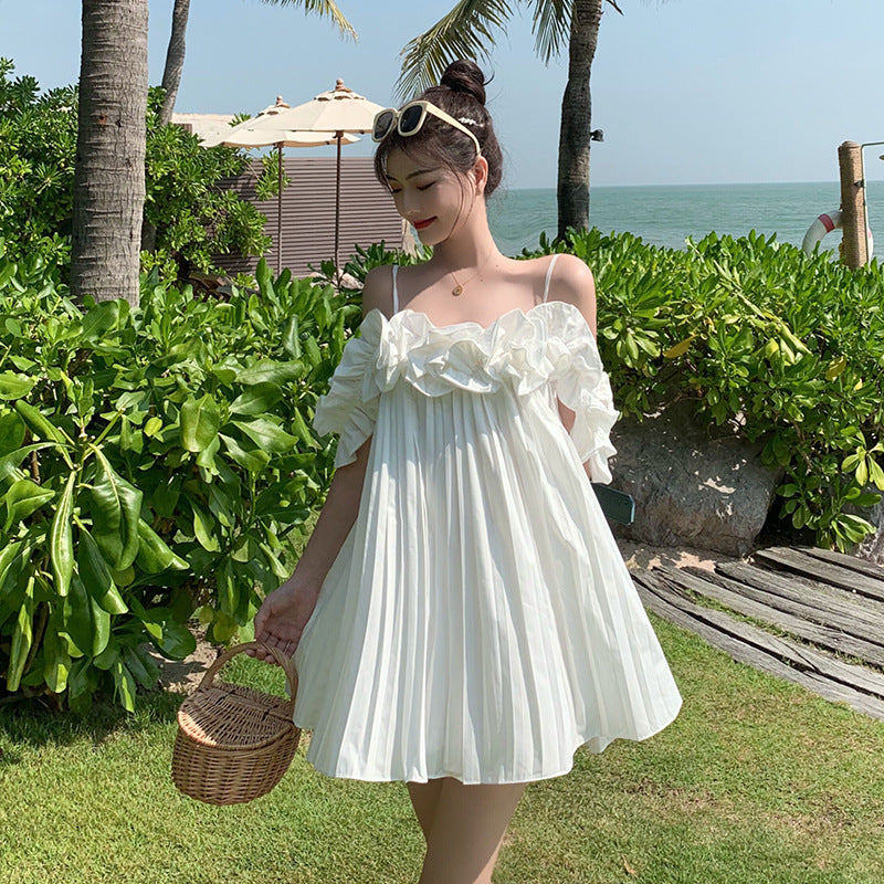 Fairy Dress Beach Dress off-Shoulder White Suspender Dress Pettiskirt