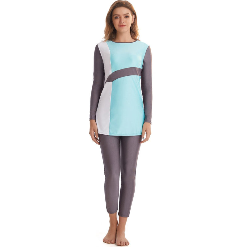 Burkini Swimwear Muslim Fashion Outfits Ladies Conservative Sun Protection Long Sleeve Color Matching Beach Swimsuit