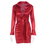 Dakota Johnson Red Mini Dress Pleated Long Sleeve Lace-up