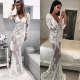 Women Lace Wedding Dress Sexy V-neck Lace See-through Dress Long Dress