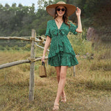 Beth Dutton Bohemian Dress Summer Spring Mini Dresses Bohemian Floral Patchwork Ruffled V-neck Lace-up Flare Sleeve Dress