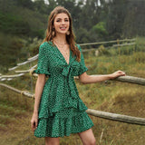 Beth Dutton Bohemian Dress Summer Spring Mini Dresses Bohemian Floral Patchwork Ruffled V-neck Lace-up Flare Sleeve Dress