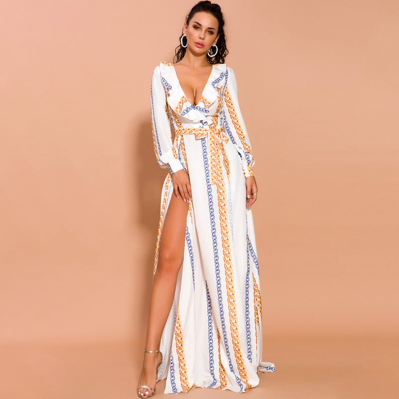 Bohemian Beach Dress White Chiffon Floral Print Slit