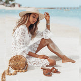 Women Lace Wedding Dress Sexy Lace Long Sleeve V-neck Dress Beach Dress
