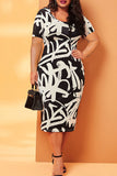 Women Plus Size Midi Dresses Short Sleeve Slim-Fit Printed Sheath One-Step Dress