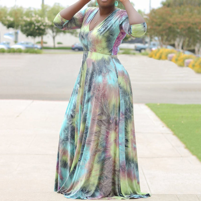 Women Plus Size Maxi Dresses Printed Sexy V-neck Swing Dress