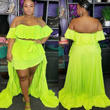 Women Plus Size Midi Dresses Ruffled Off-Shoulder Top Front Short Back Long Trailing Dress Two-Piece Set