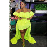 Women Plus Size Midi Dresses Ruffled Off-Shoulder Top Front Short Back Long Trailing Dress Two-Piece Set