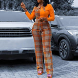Women Plaid Catsuit Women Checkered Jumpsuit Spring and Autumn Fashion Digital Printing Plaid Stitching Jumpsuit