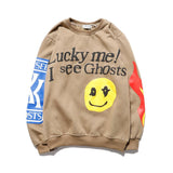 Kanye Hoodie Street Sports Leisure Smiley Face Letter Flame Print Loose-Fitting Pullover Round-Neck Sweater