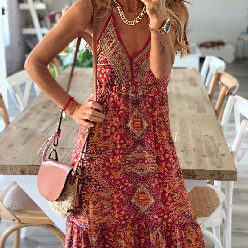 Women Bohemian Dress Sexy Sling Dress Holiday Floral Print Dress