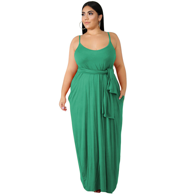 Women Plus Size Maxi Dresses Solid Color Sling Loose with Belt Long Dress