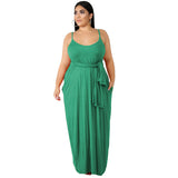 Women Plus Size Maxi Dresses Solid Color Sling Loose with Belt Long Dress