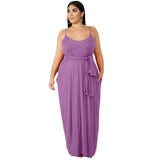 Women Plus Size Maxi Dresses Solid Color Sling Loose with Belt Long Dress