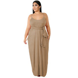 Women Plus Size Maxi Dresses Solid Color Sling Loose with Belt Long Dress