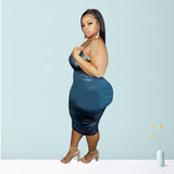 Women Plus Size Midi Dresses V-neck Lace Up Tight Sexy Dress