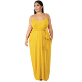 Women Plus Size Maxi Dresses Solid Color Sling Loose with Belt Long Dress