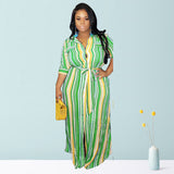 Women Plus Size Maxi Dresses Striped Cardigan Large Swing with Belt Dress