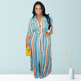 Women Plus Size Maxi Dresses Striped Cardigan Large Swing with Belt Dress