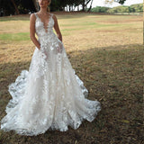 Women Lace Wedding Dress Deep V Strap Wedding Dress Evening Gown