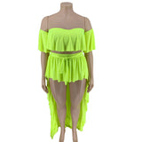Women Plus Size Midi Dresses Ruffled Off-Shoulder Top Front Short Back Long Trailing Dress Two-Piece Set