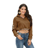 Women Sherpa Jacket Leopard Print Color Matching Drawstring Sweatshirt Plush Women's Top