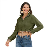 Women Sherpa Jacket Leopard Print Color Matching Drawstring Sweatshirt Plush Women's Top