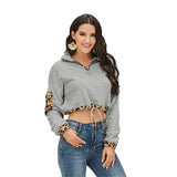 Women Sherpa Jacket Leopard Print Color Matching Drawstring Sweatshirt Plush Women's Top