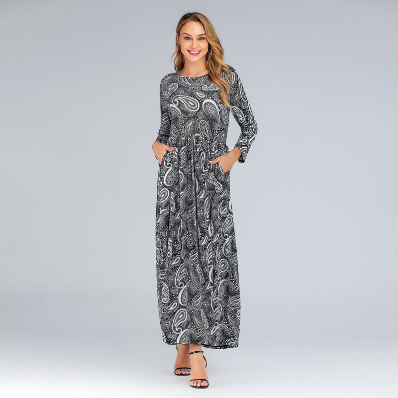 Muslim Women Stylish Kashibo Abaya Muslim Ladies Long Gown Islamic Clothing Jilbab Jalabiya Round Neck Long Sleeve Slim Fit Large Swing Dress