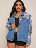 Women Plus Size Denim Coats Loose Plus Size Dark Hole Tassel Denim Jacket Women