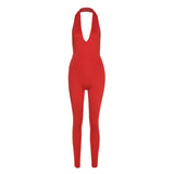 Women's Spring Clothing Sexy Backless Halter Sleeveless V-neck Hip Lifting Sport Jumpsuit