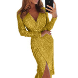 Nina Parker Dresses Bronzing Sexy Long-Sleeved Dress Dinner Slit Slim Dress