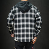 Men Flannel Jacket Autumn and Winter Plaid Hooded Fleece Lined Padded Warm Keeping Coat