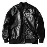 Yankees Letter Jacket Winter Casual Loose Black Trend round Neck Leather Coat for Men and Women