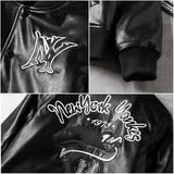 Yankees Letter Jacket Winter Casual Loose Black Trend round Neck Leather Coat for Men and Women