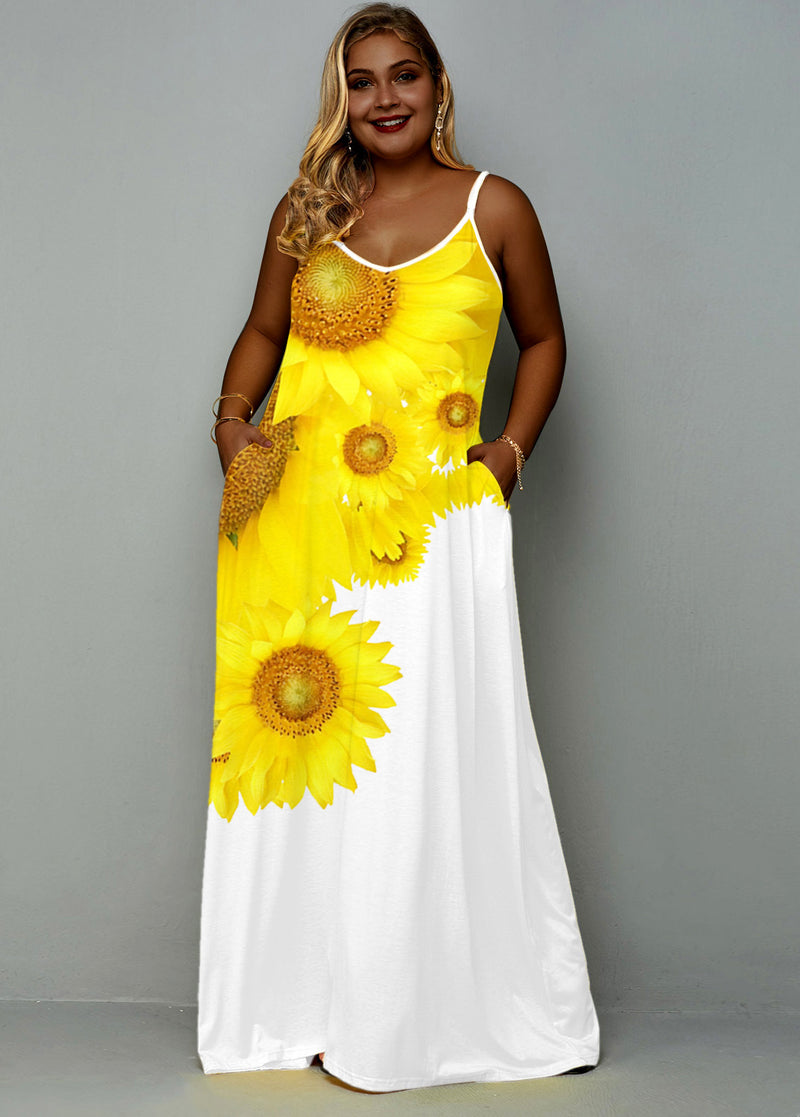 Women Plus Size Maxi Dresses Printed Sexy Deep V Strap Dress