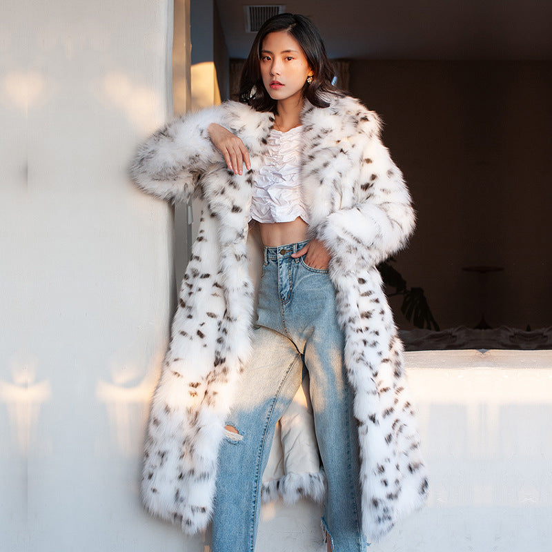 Women Dalmatian Coat Fur Imitation Fox Fur Black Dot Leopard Print Winter Loose