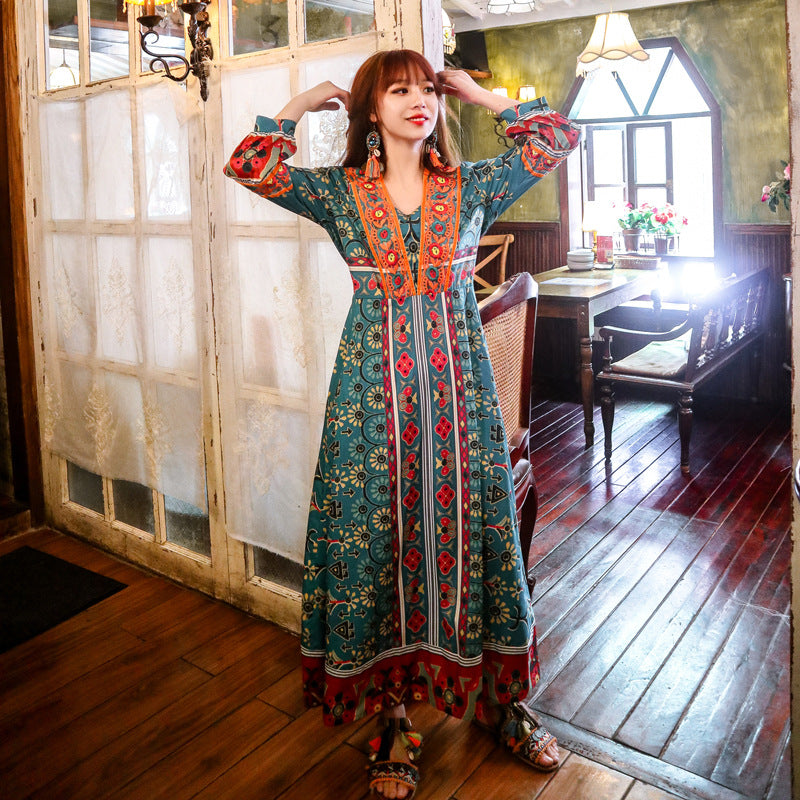 Beth Dutton Bohemian Winter Dress Midi Dresses Embroidered Ethnic Print Slim Fit Large Swing Dress