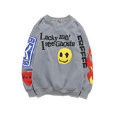 Kanye Hoodie Smiley Face Printed Crew Neck Sweatshirt Hip Hop Fleece Padded Coat